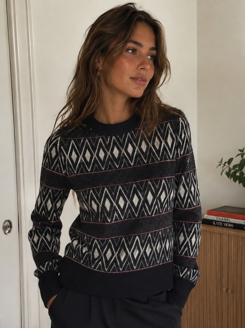 Rails Nordic Fair Isle Wool Cashmere Blend Sweater Black Ivory XS Après-Ski Cozy